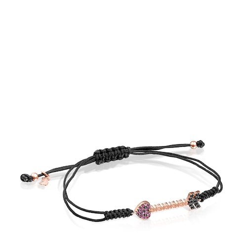 Pulsera San Valent&iacute;n flecha con ba&ntilde;o de oro rosa 18 kt sobre plata, gemas y cord&oacute;n negro image number 0