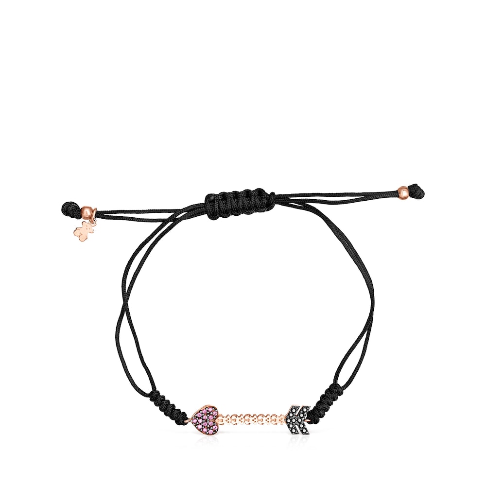 San Valent&iacute;n arrow Bracelet in Rose 18K gold vermeil with Gemstones and black Cord