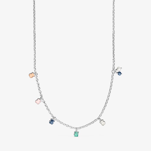 Collier Mini Color en Argent avec Pierres pr&eacute;cieuses et Perle