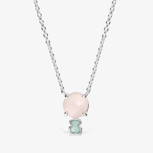 Collar Mini Color de Plata con Cuarzo rosa y Amazonita