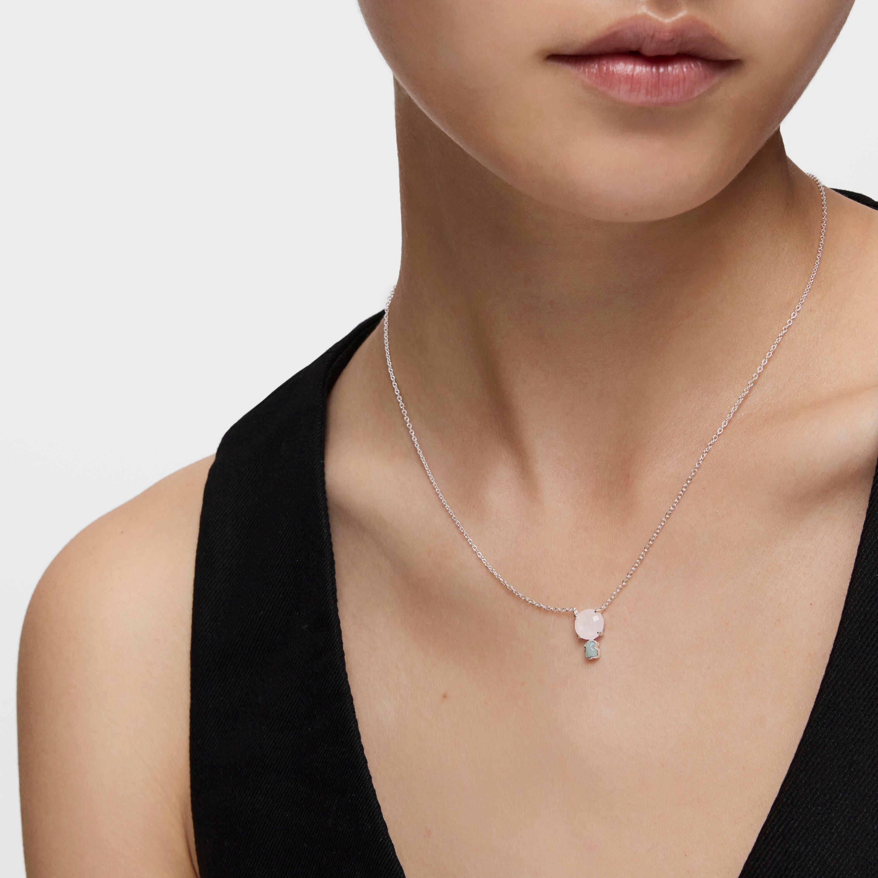 Mini Color Necklace in Silver with Pink Quartz and Amazonite