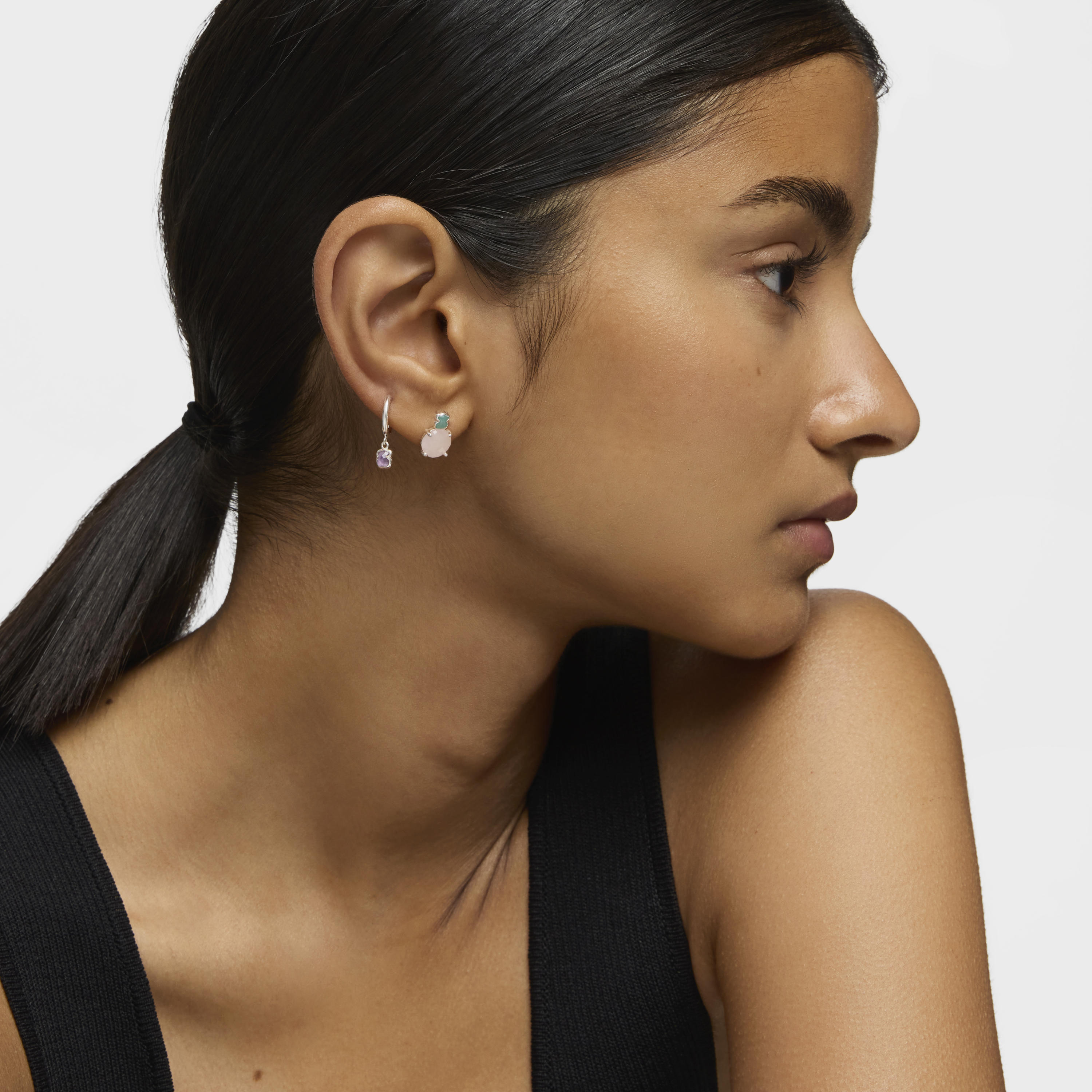 Mini Color Earrings in Silver with Amazonite and Pink Quartz