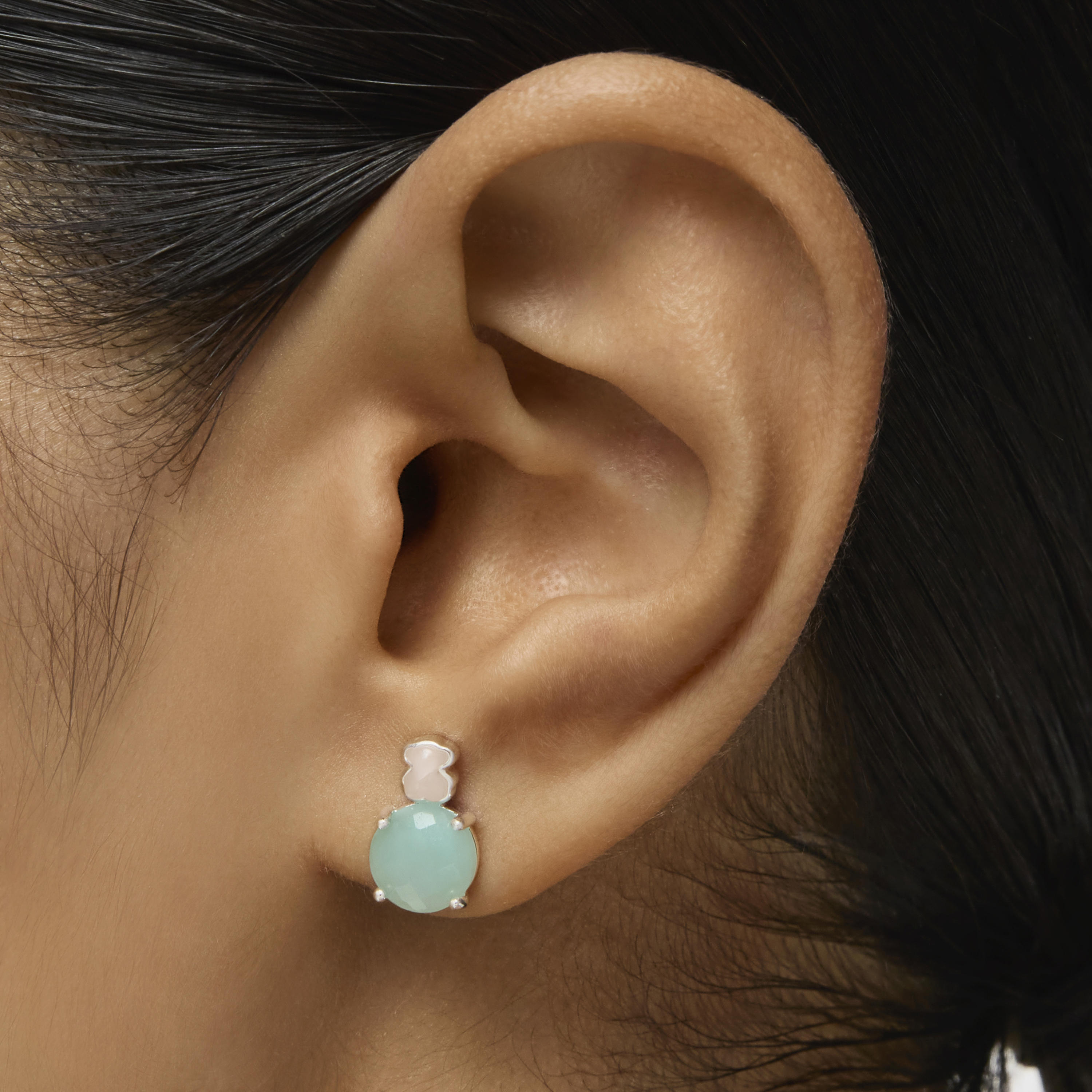 Mini Color Earrings in Silver with Amazonite and Pink Quartz