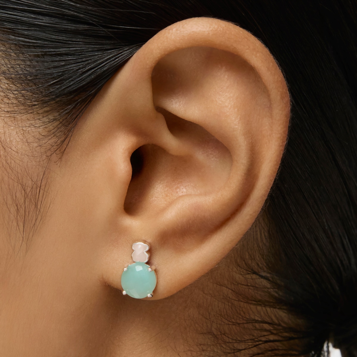 Mini Color Earrings in Silver with Amazonite and Pink Quartz