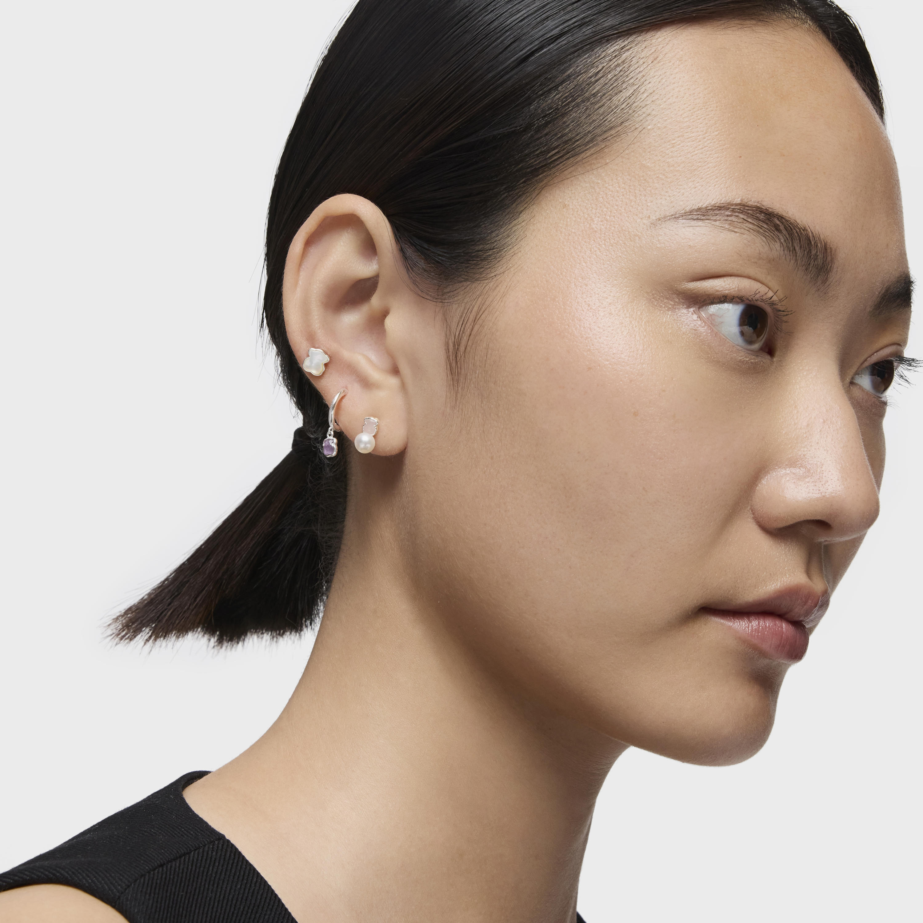 TOUS Mini Color Earrings in Silver with Quartzite and Pearl