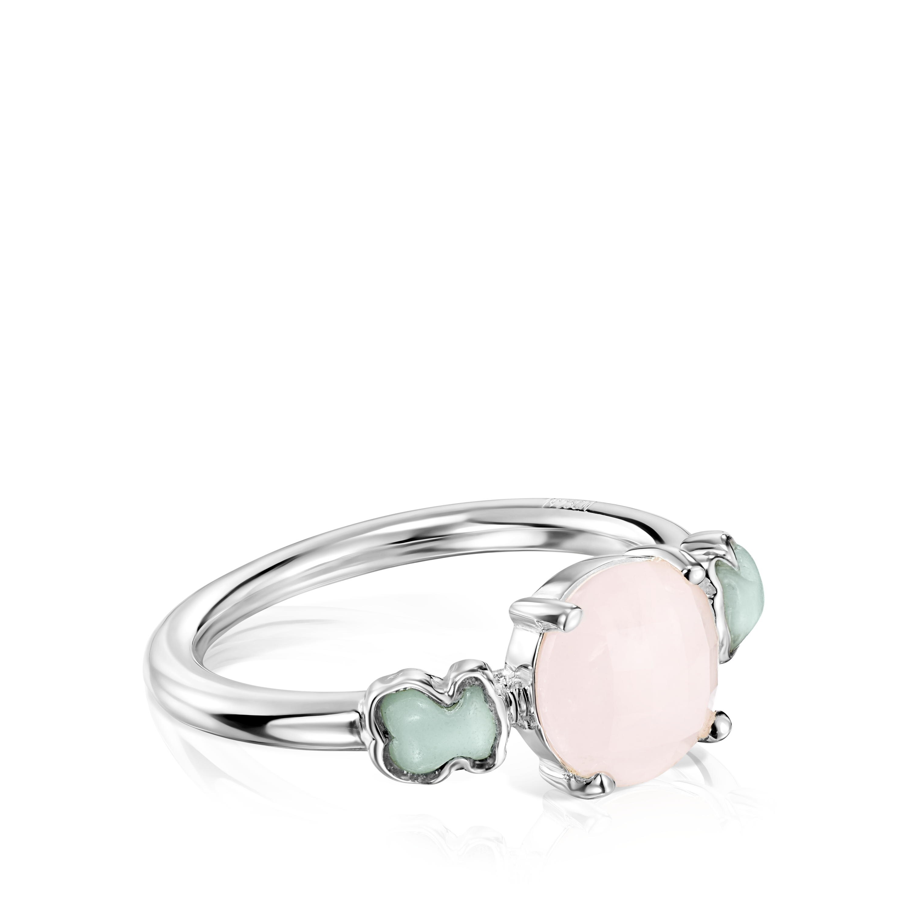 TOUS Mini Color Ring Silver with Pink Quartz and Amazonite 0,4-0,8cm.