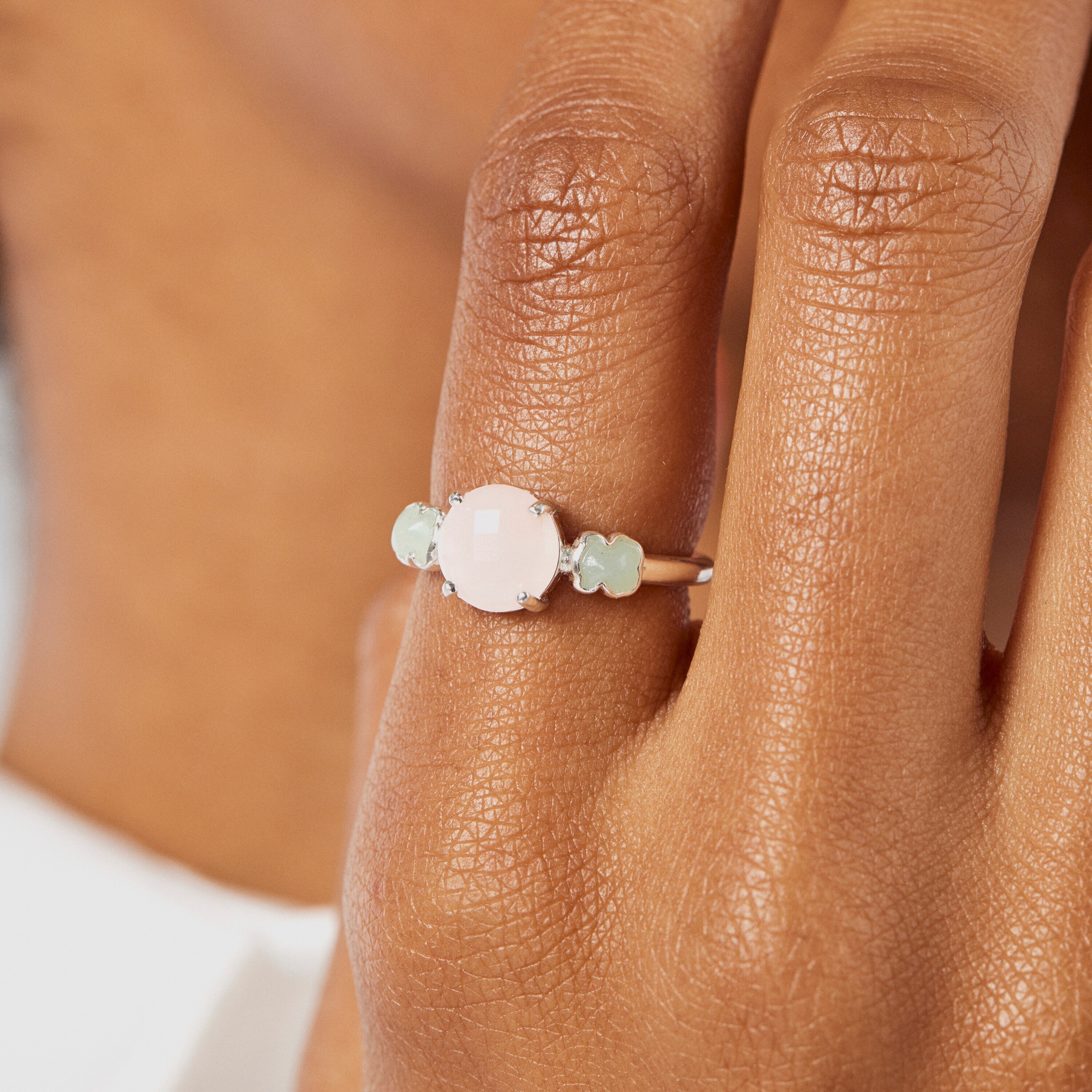 TOUS Mini Color Ring Silver with Pink Quartz and Amazonite 0,4-0,8cm.