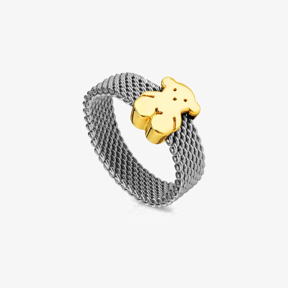Anillo de acero y oro motivo oso estrecho Mesh