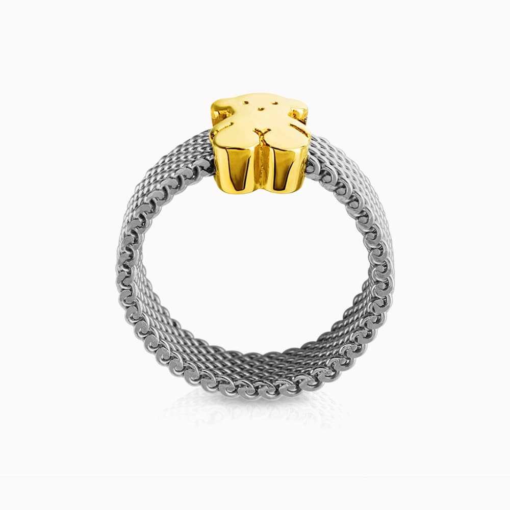 Anillo de acero y oro motivo oso estrecho Mesh
