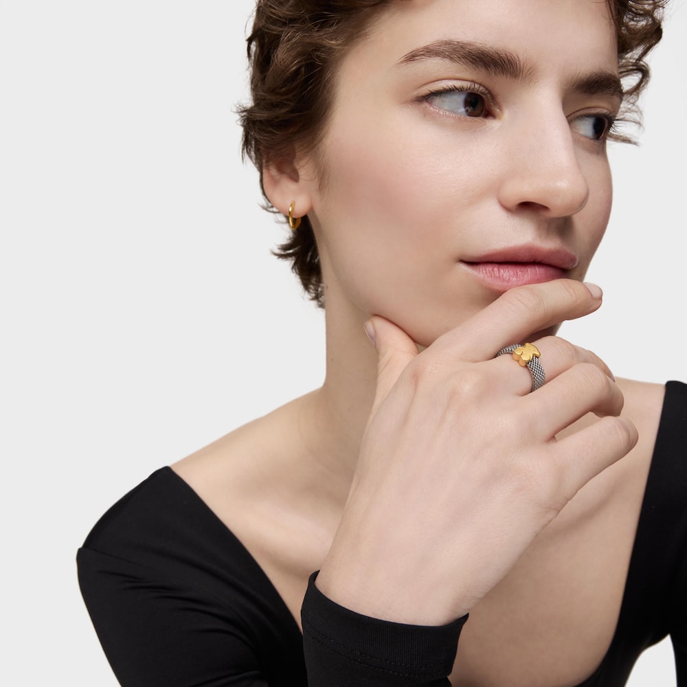 Anillo de acero y oro motivo oso estrecho Mesh