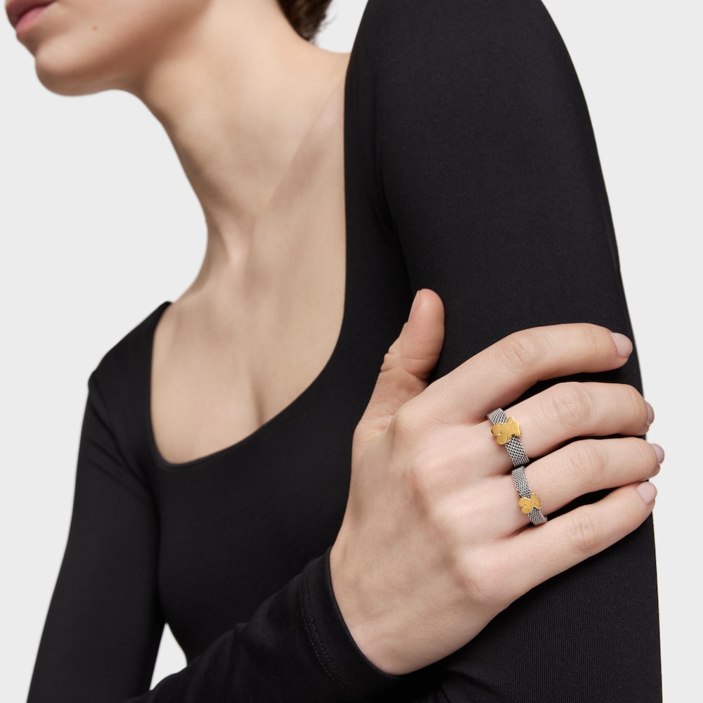 Anillo de acero y oro motivo oso estrecho Mesh