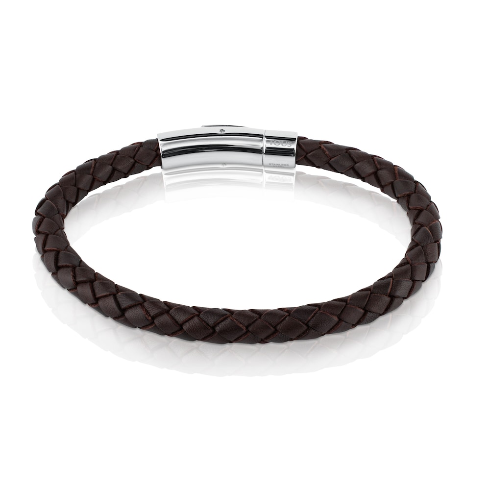 Steel TOUS Man Bracelet with brown leather image number 1