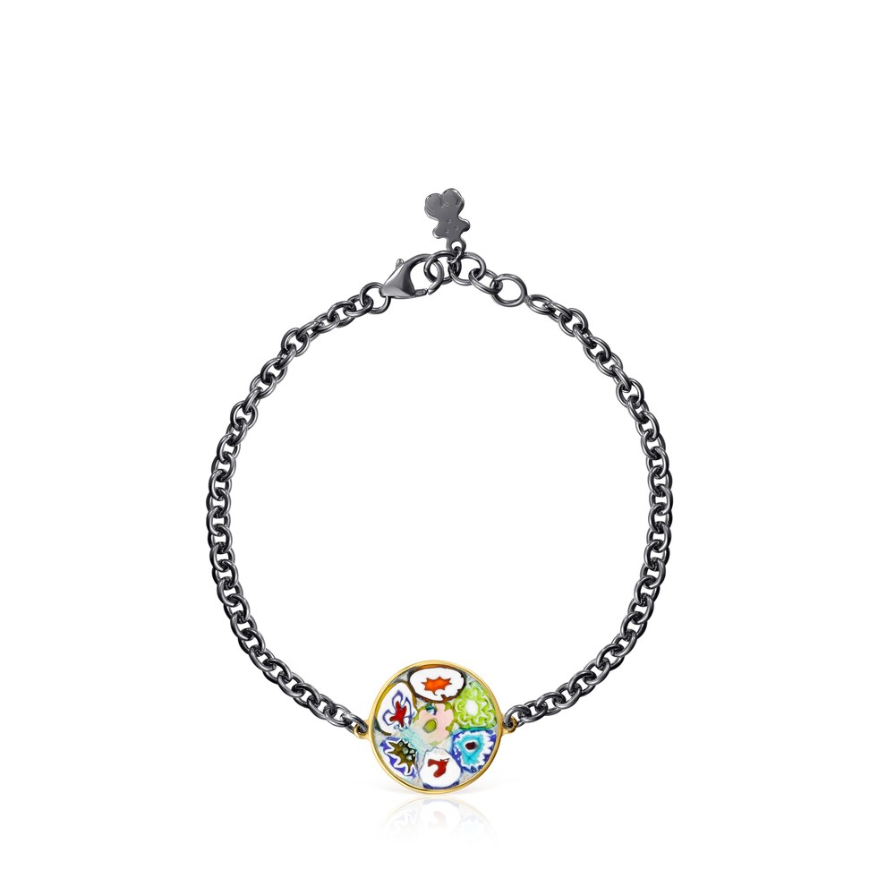 Pulsera Minifiore disco con ba&ntilde;o de oro 18 kt sobre plata, Rutenio y Cristal de Murano