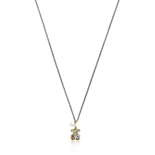 Minifiore bear Necklace in 18K gold vermeil, Dark Silver, Pearl and Murano Glass image number 0