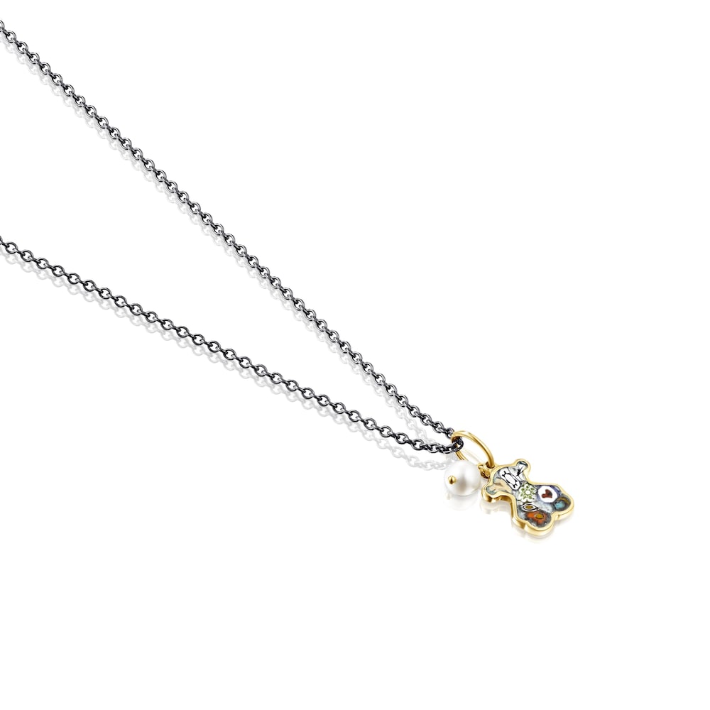 Naszyjnik ze złota vermeil i rutenu z misiem, perłami i szkiełkiem Murano z kolekcji Minifiore