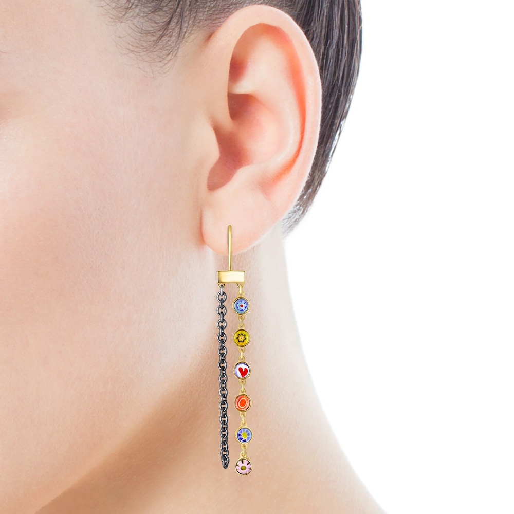 Aretes largos Minifiore con ba&ntilde;o de oro 18 kt sobre plata, Rutenio y Cristal de Murano