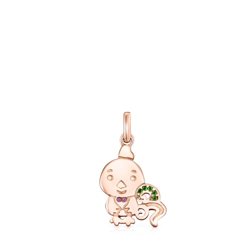 Chinese Horoscope Rooster Pendant in Rose Silver Vermeil, Ruby and Chrome Diopside