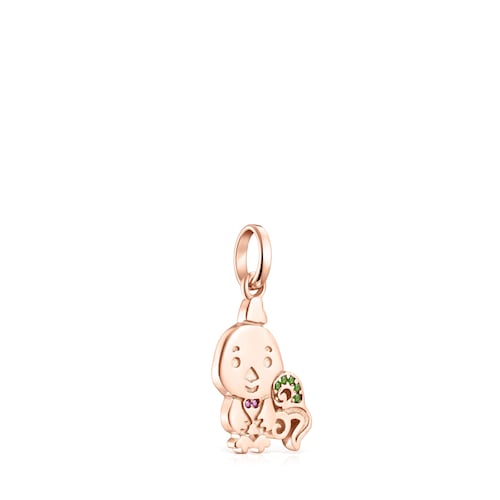 Chinese Horoscope Rooster Pendant in Rose Silver Vermeil, Ruby and Chrome Diopside