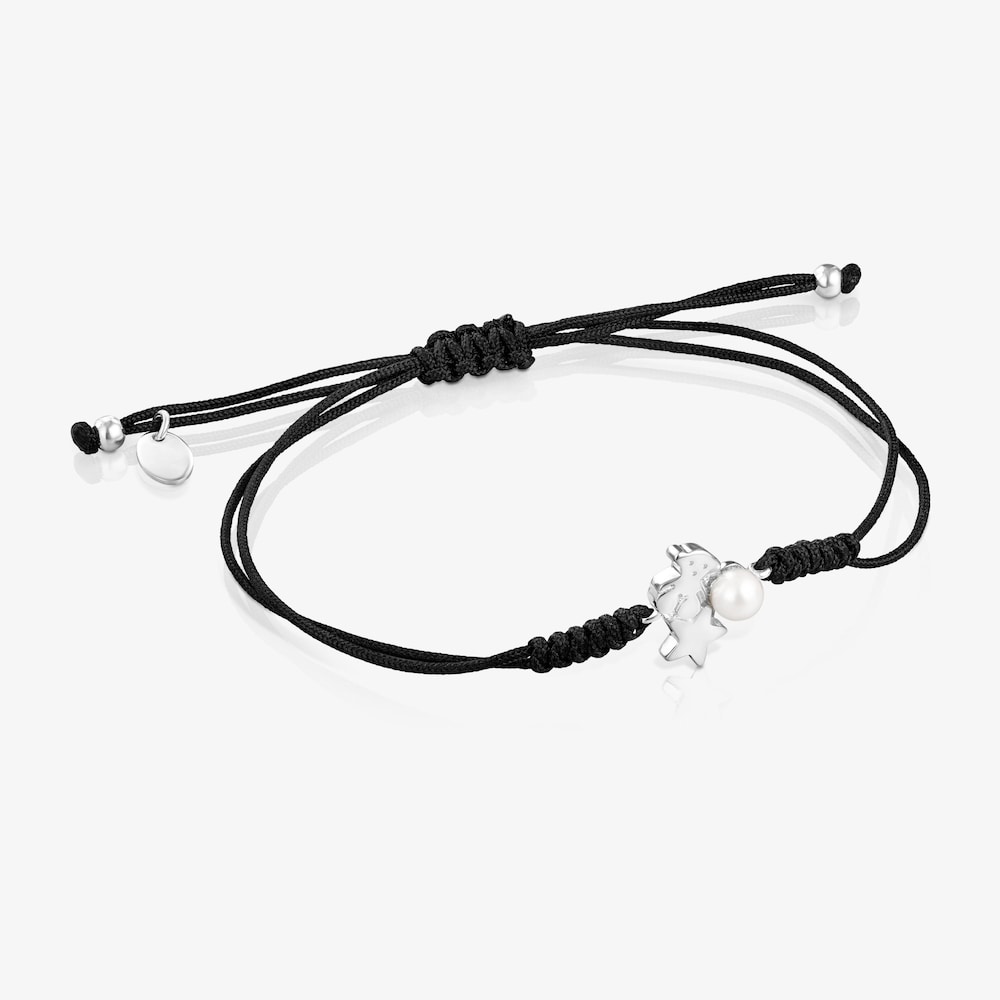 Pulsera de plata con perla y cord&oacute;n negro Nocturne