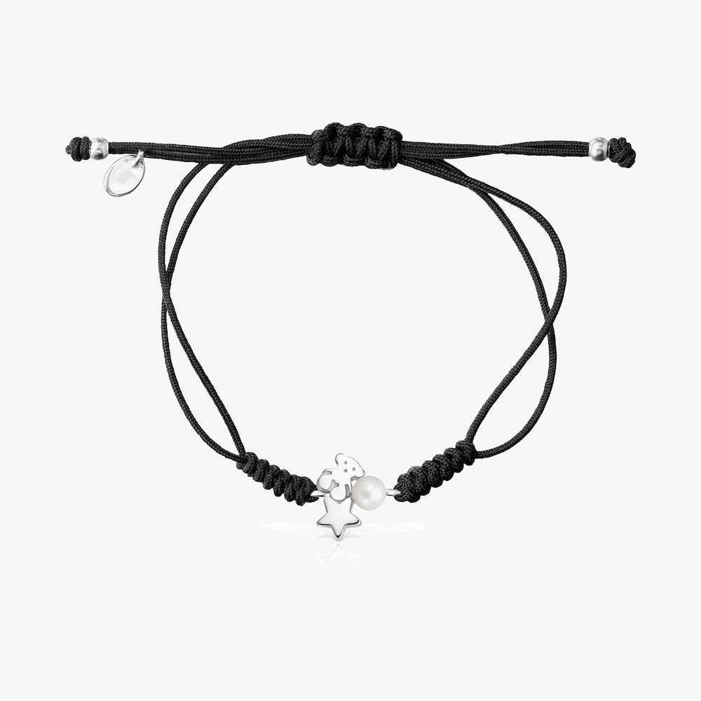 Pulsera de plata con perla y cord&oacute;n negro Nocturne