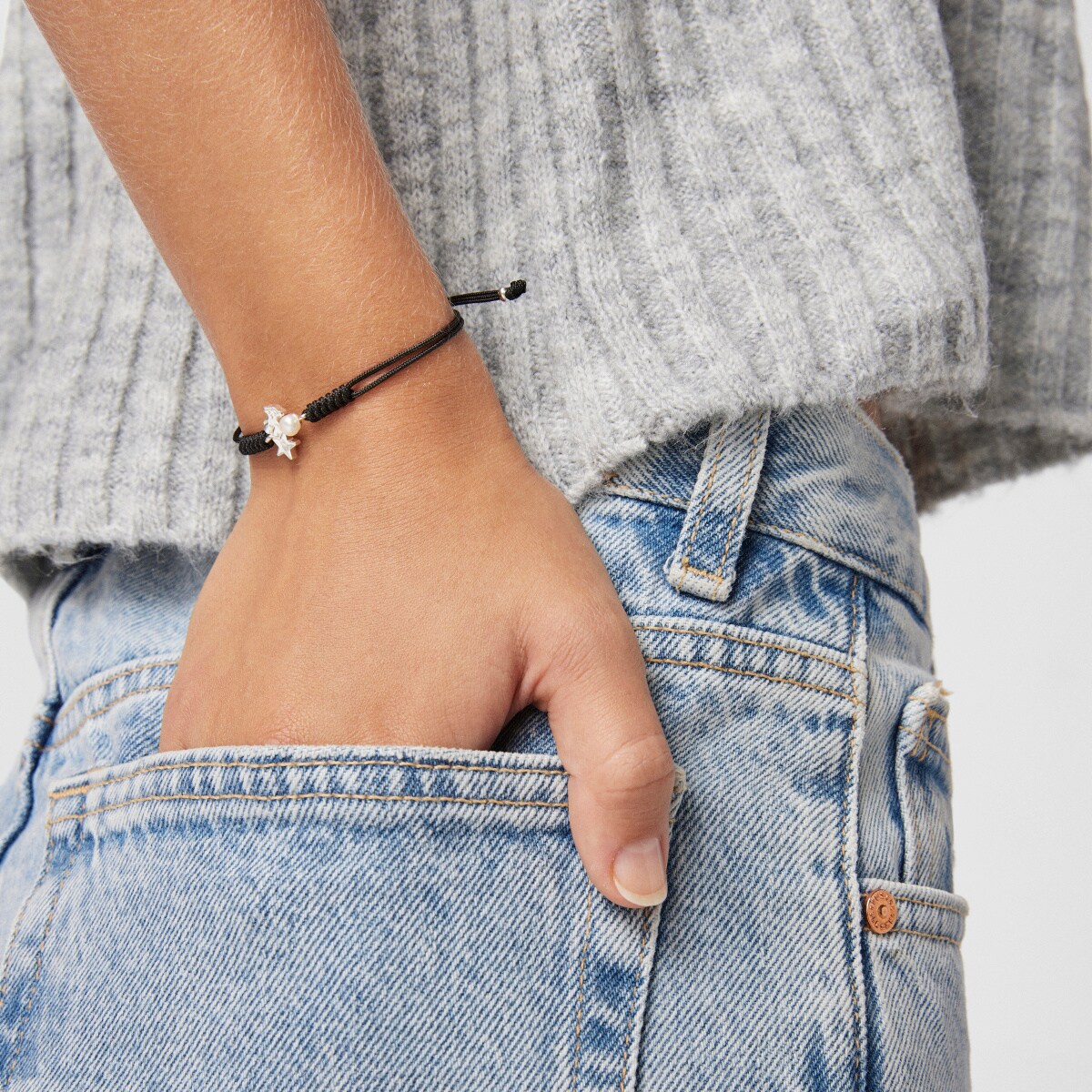 Pulsera de plata con perla y cordón negro Nocturne
