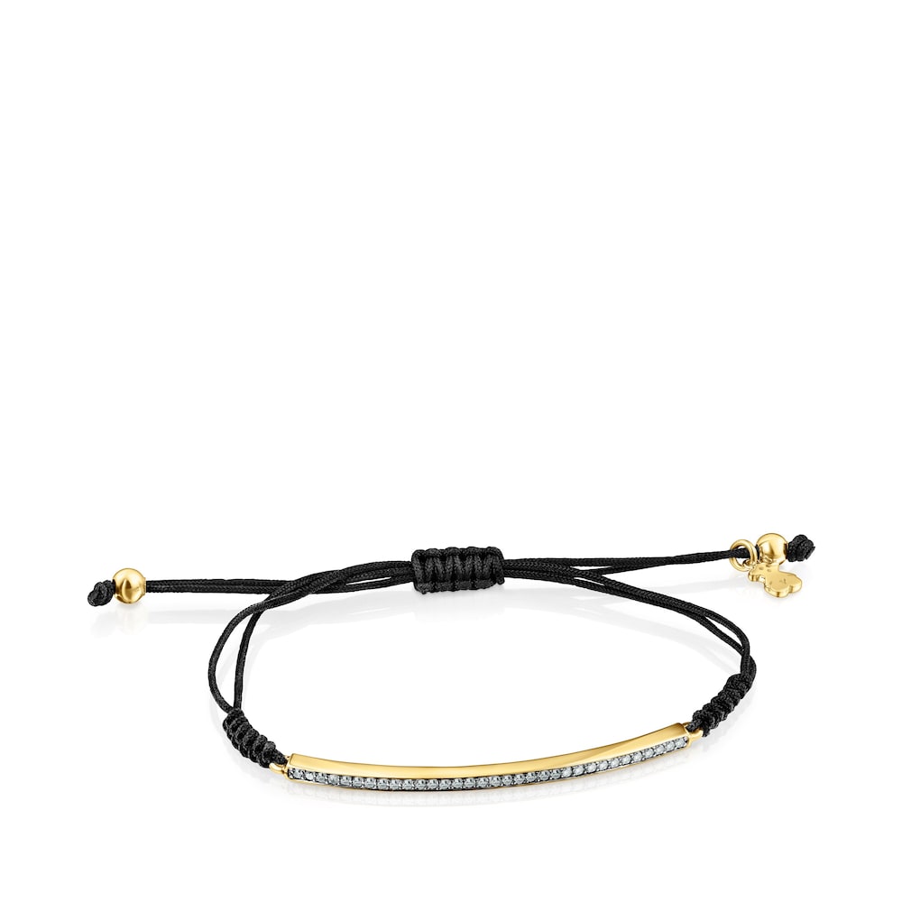 Pulseira Nocturne barra em Prata Vermeil, Diamantes e Cord&atilde;o preto