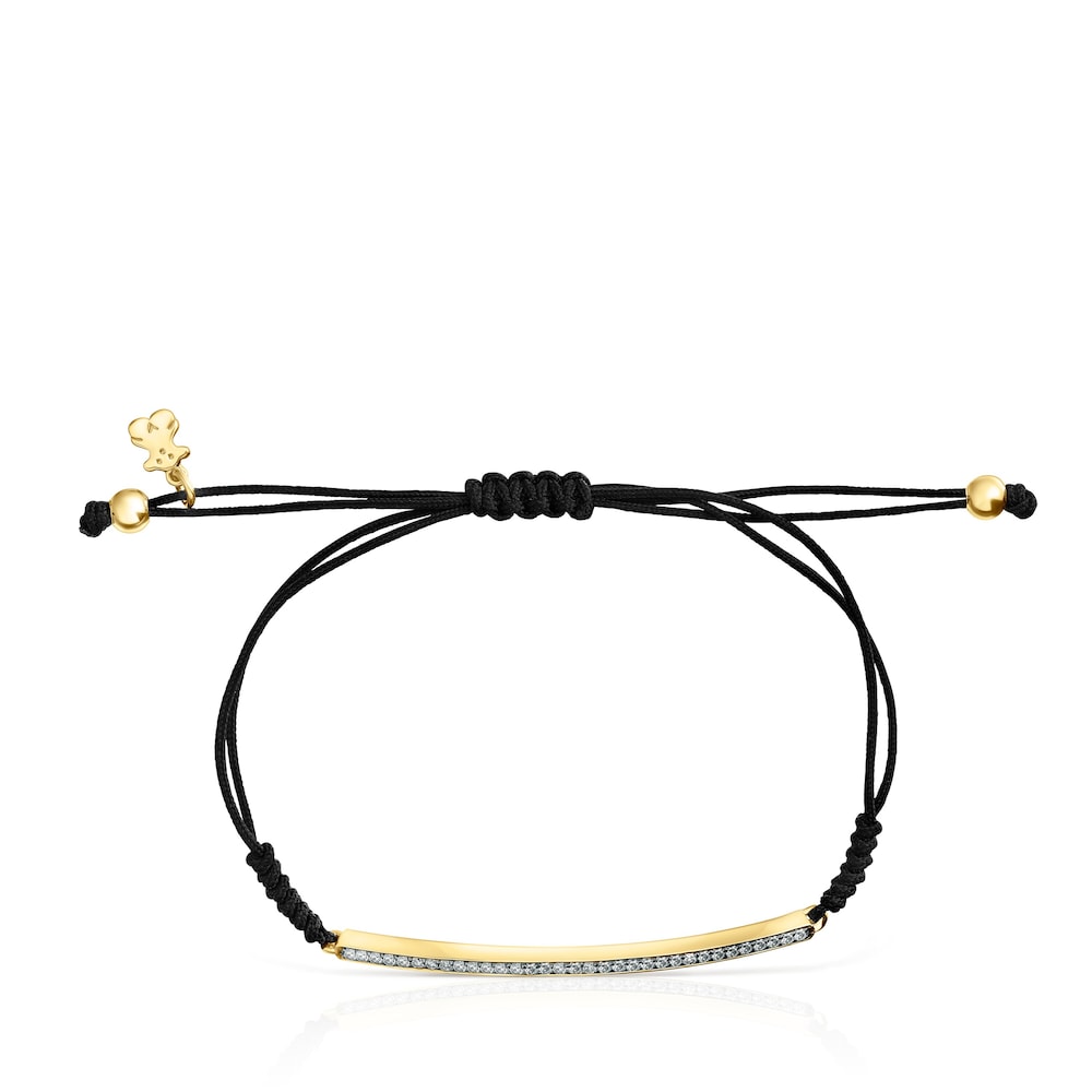 Pulsera barra con baño de oro 18 kt sobre plata, diamantes y cordón negro Nocturne image number 1