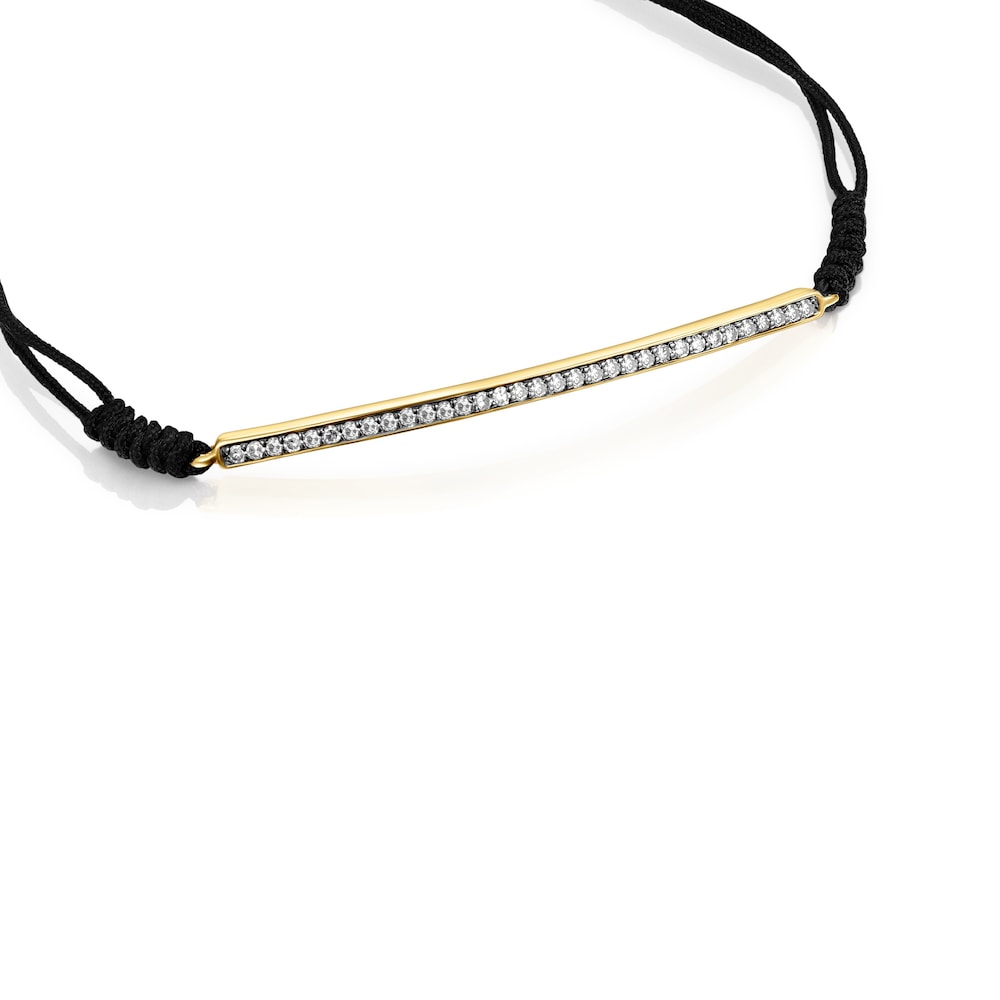 Pulsera barra con baño de oro 18 kt sobre plata, diamantes y cordón negro Nocturne image number 2