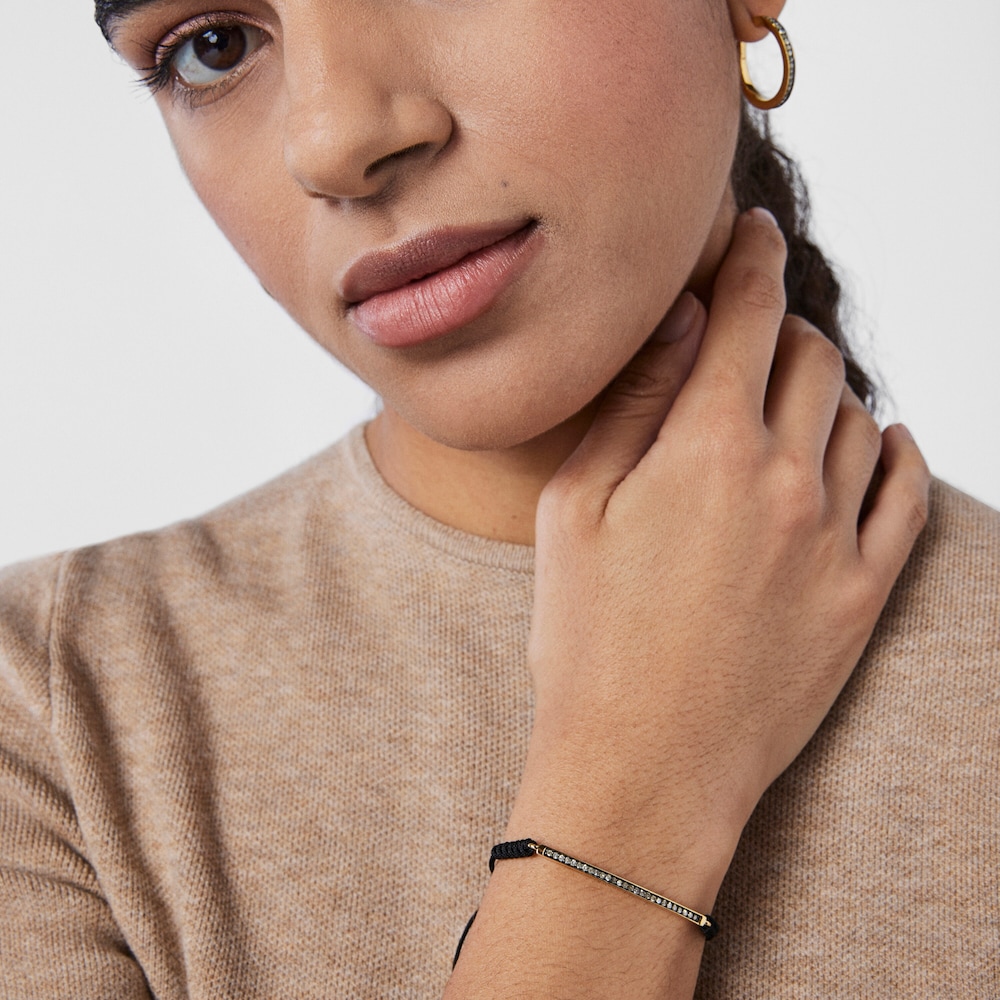 Pulseira Nocturne barra em Prata Vermeil, Diamantes e Cord&atilde;o preto