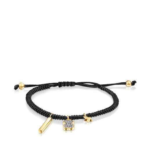 Pulsera con ba&ntilde;o de oro 18 kt sobre plata, diamantes y cord&oacute;n negro Nocturne