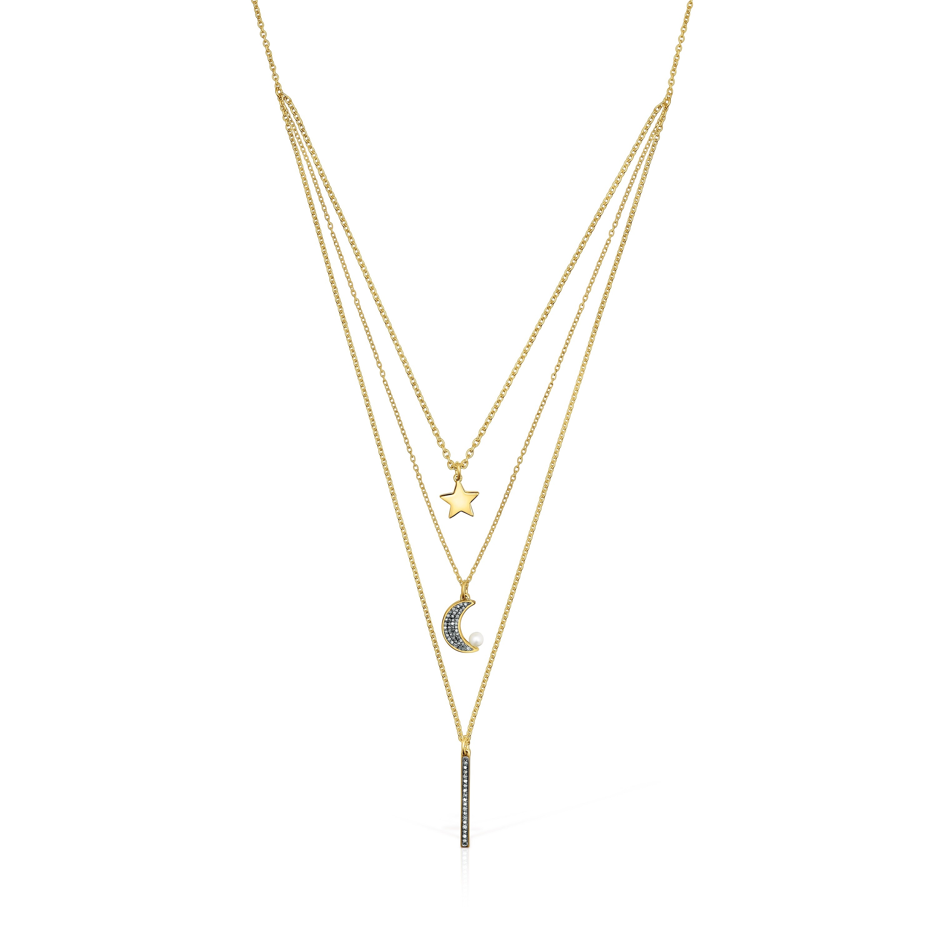 Nocturne three-strand Necklace in 18K gold vermeil with Diamonds and Pearl