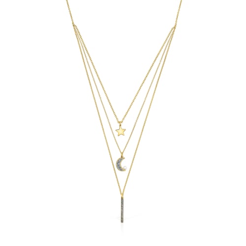 Colar triplo Nocturne em Prata Vermeil, Diamantes e P&eacute;rola