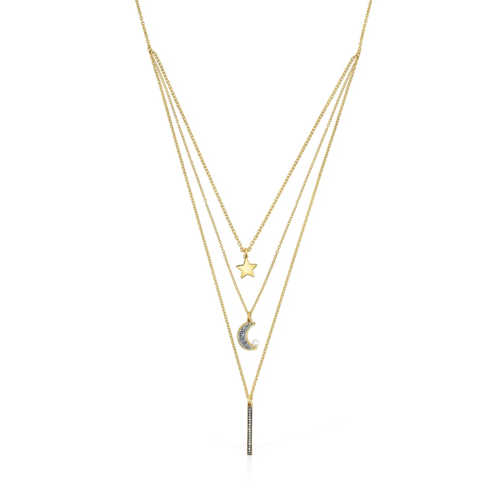 Nocturne three-strand Necklace in Silver Vermeil with Diamonds and Pearl