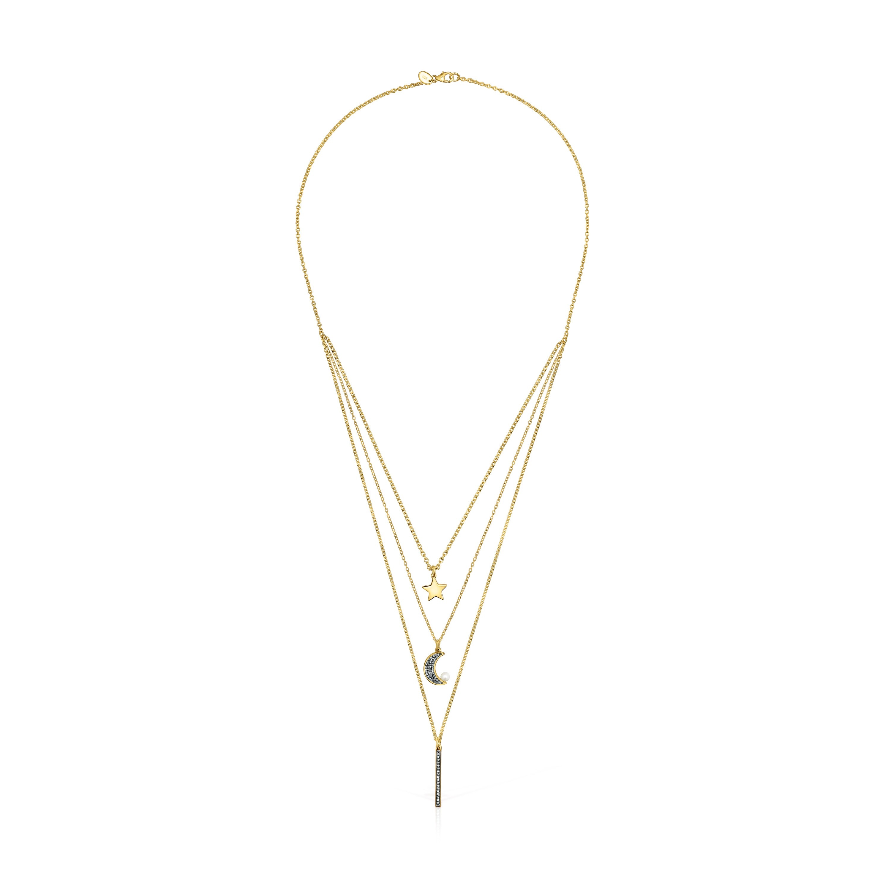 Nocturne three-strand Necklace in 18K gold vermeil with Diamonds and Pearl