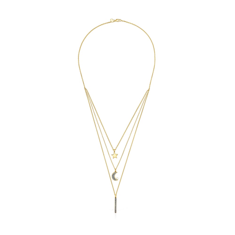 Collar triple con ba&ntilde;o de oro 18 kt sobre plata,diamantes y perla Nocturne