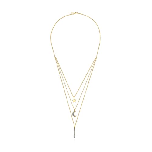 Collar triple con baño de oro 18 kt sobre plata,diamantes y perla Nocturne