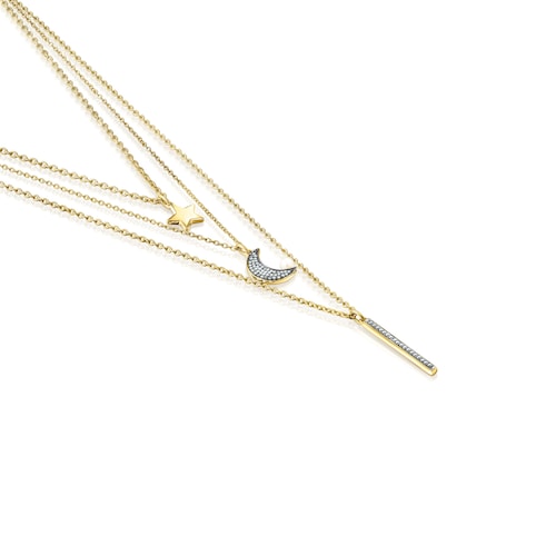 Collar triple con baño de oro 18 kt sobre plata,diamantes y perla Nocturne