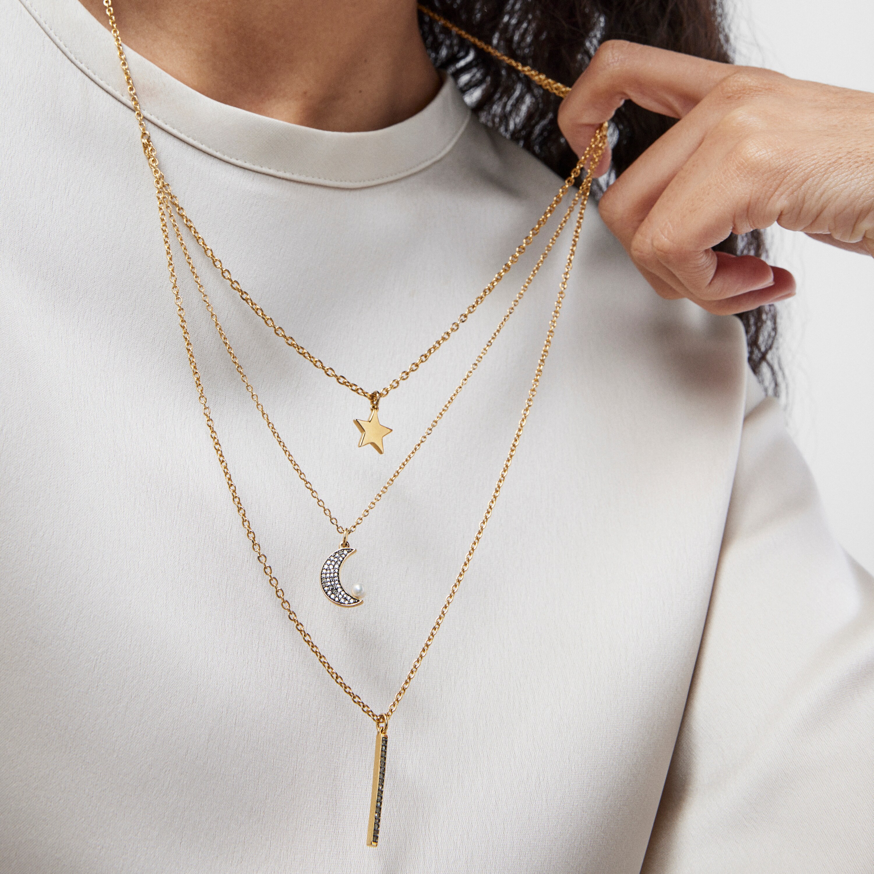 Nocturne three-strand Necklace in Silver Vermeil with Diamonds and Pearl