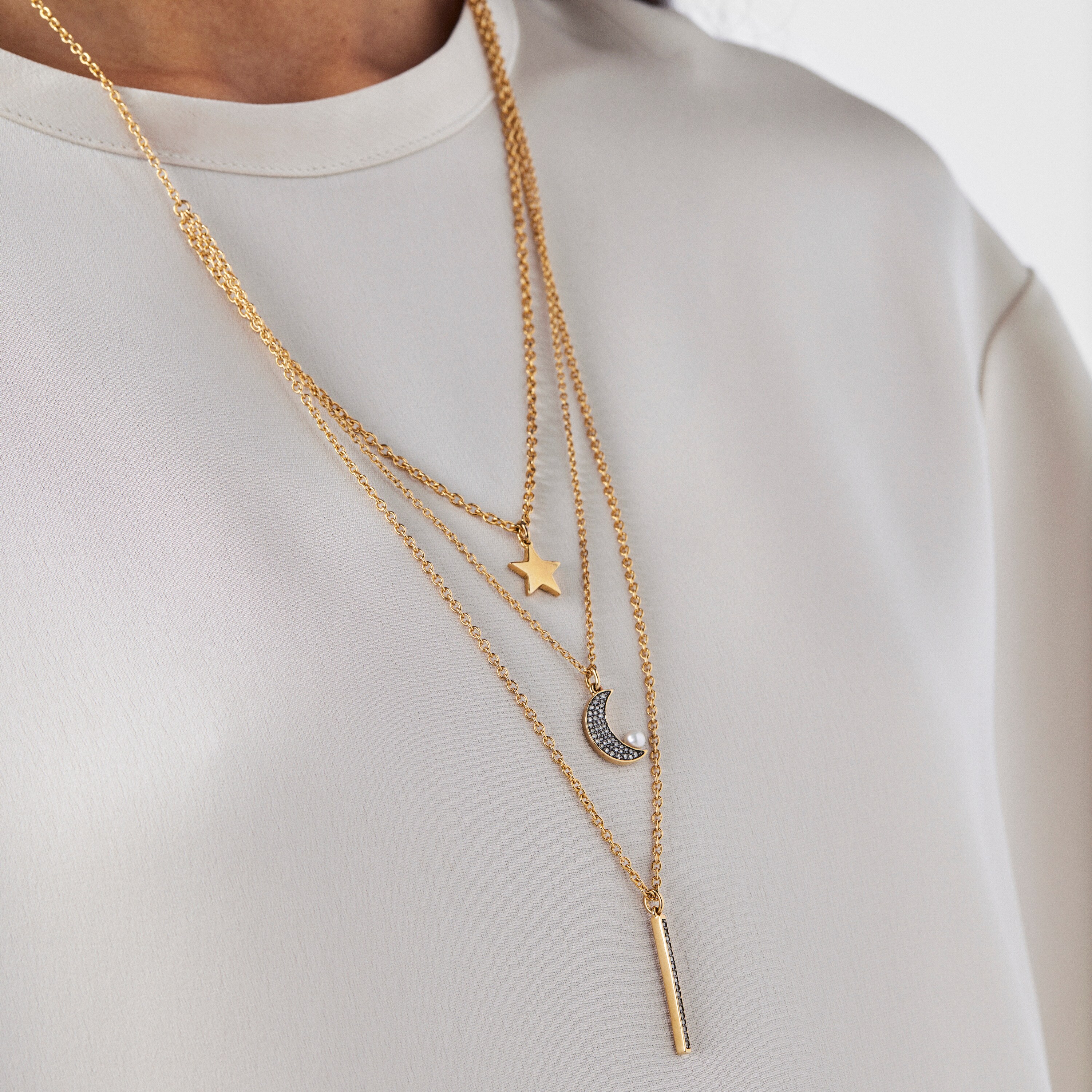 Nocturne three-strand Necklace in 18K gold vermeil with Diamonds and Pearl