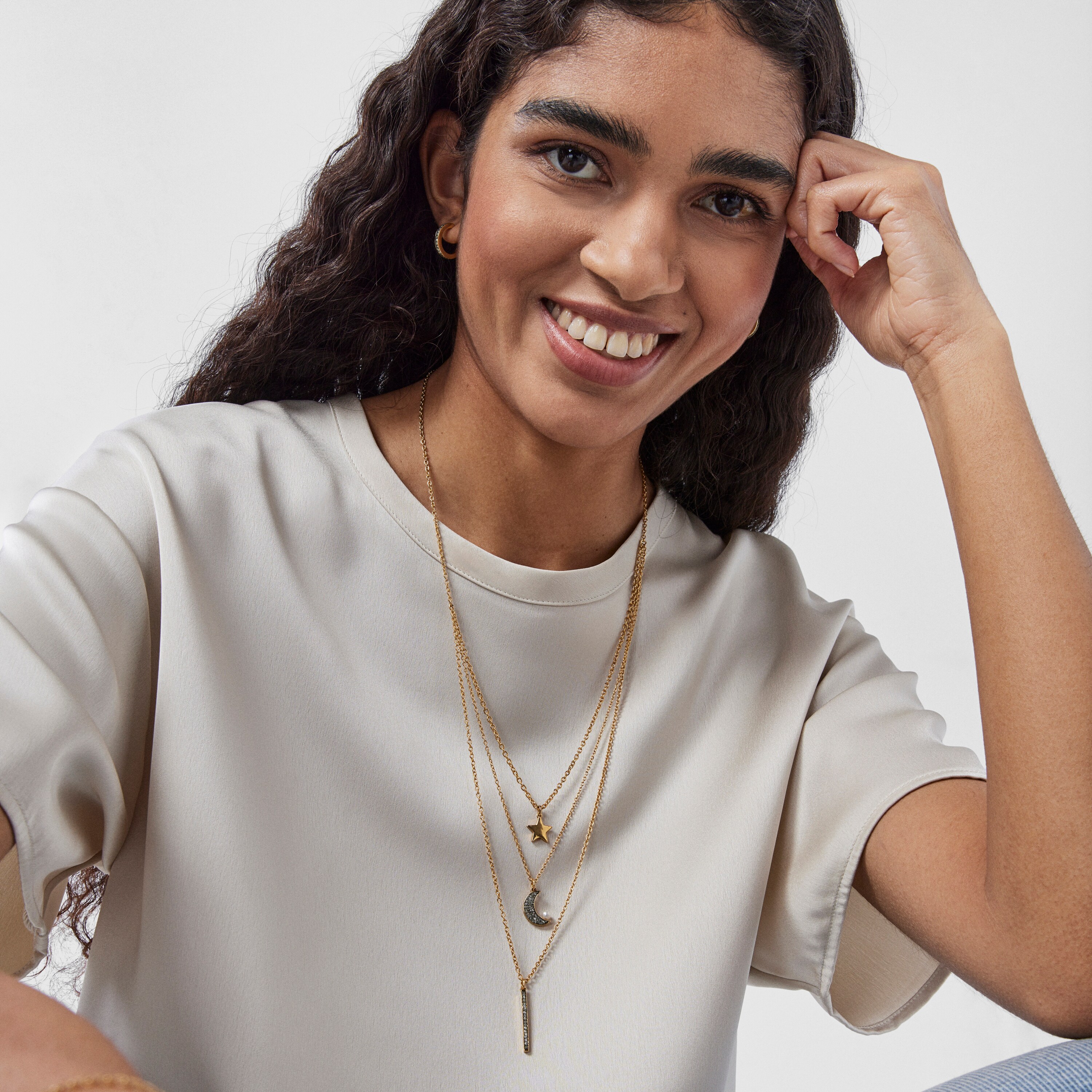 Nocturne three-strand Necklace in Silver Vermeil with Diamonds and Pearl