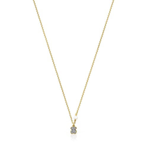 Collar oso con ba&ntilde;o de oro 18 kt sobre plata, diamantes y perla Nocturne