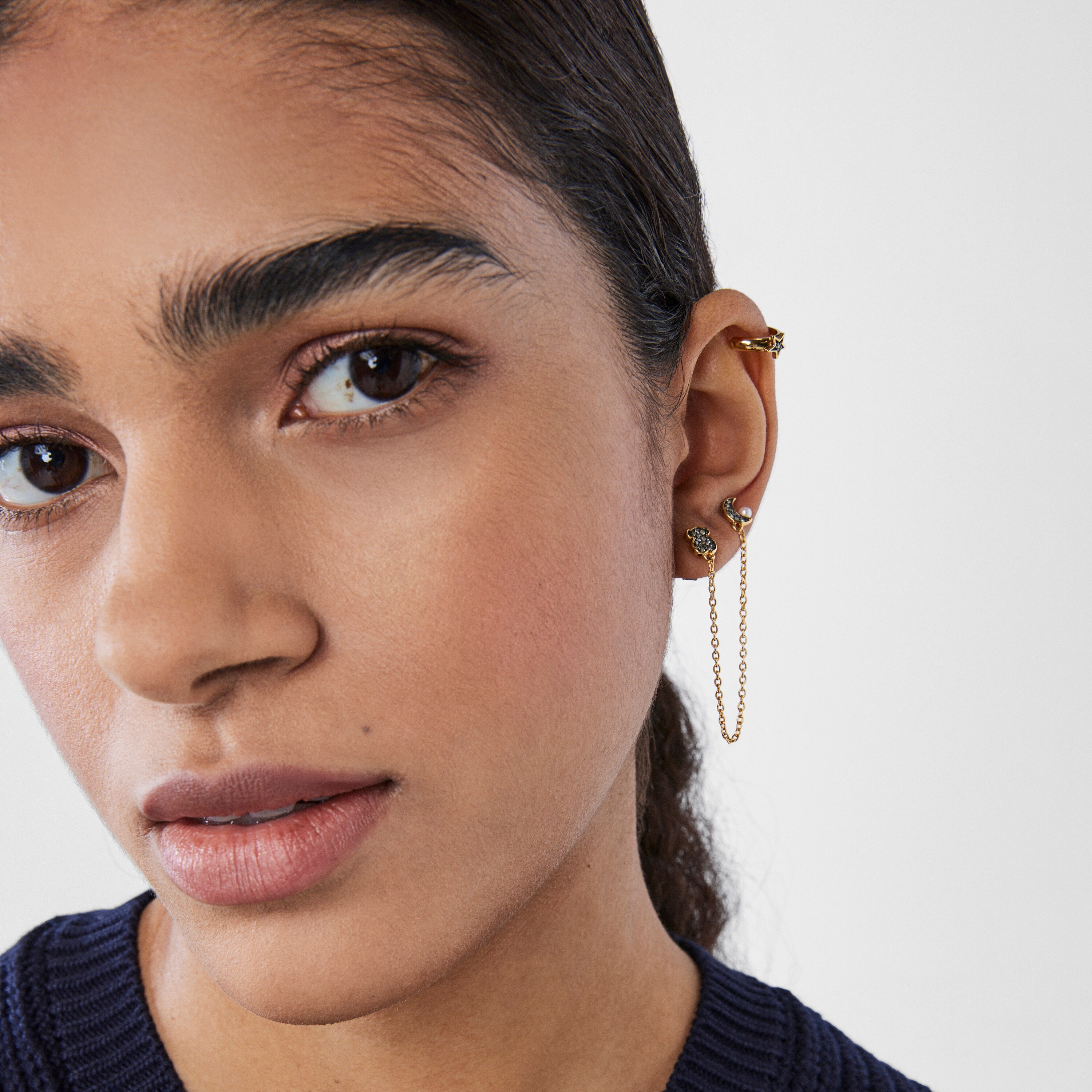 Nocturne double 1/2 Earring in 18K gold vermeil with Diamonds and Pearl