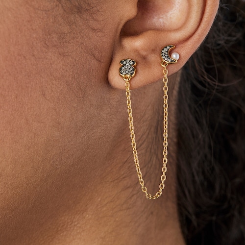 Pendiente suelto doble con baño de oro 18 kt sobre plata, diamantes y perla Nocturne