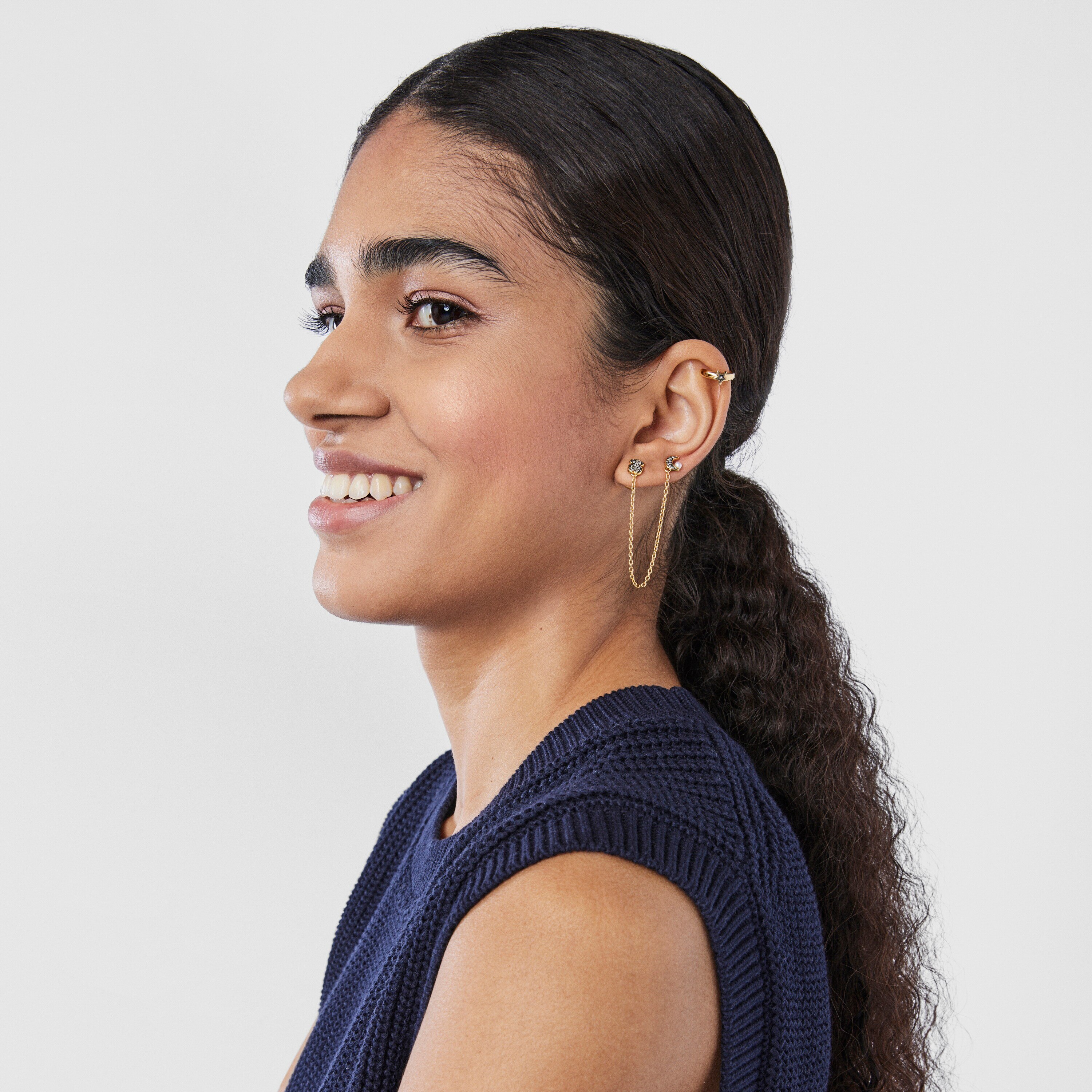 Nocturne double 1/2 Earring in Silver Vermeil with Diamonds and Pearl