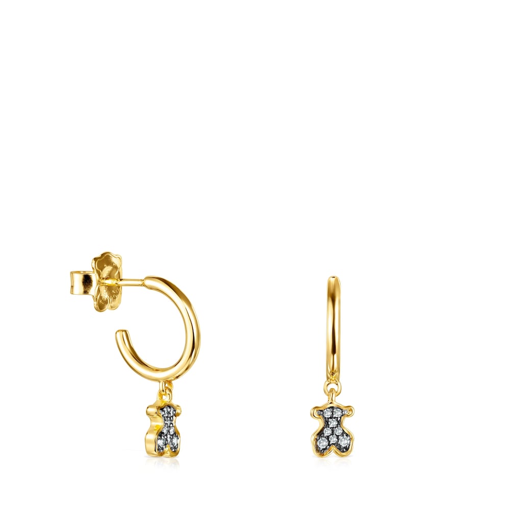 Orecchini a cerchio corti con orsetto placcati in oro 18 kt su argento e diamanti Nocturne