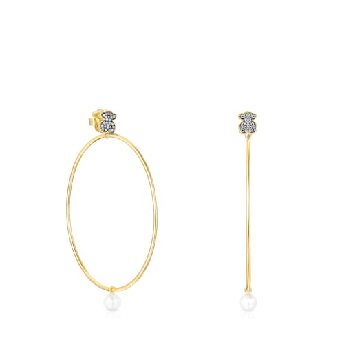 Pendientes aro grandes con baño de oro 18 kt sobre plata, diamantes y perla Nocturne