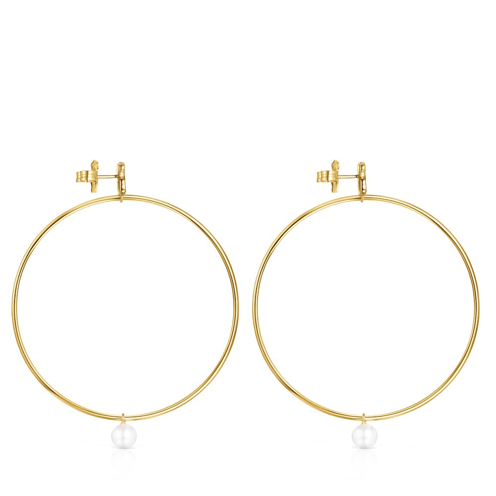 Pendientes aro grandes con baño de oro 18 kt sobre plata, diamantes y perla Nocturne image number 1