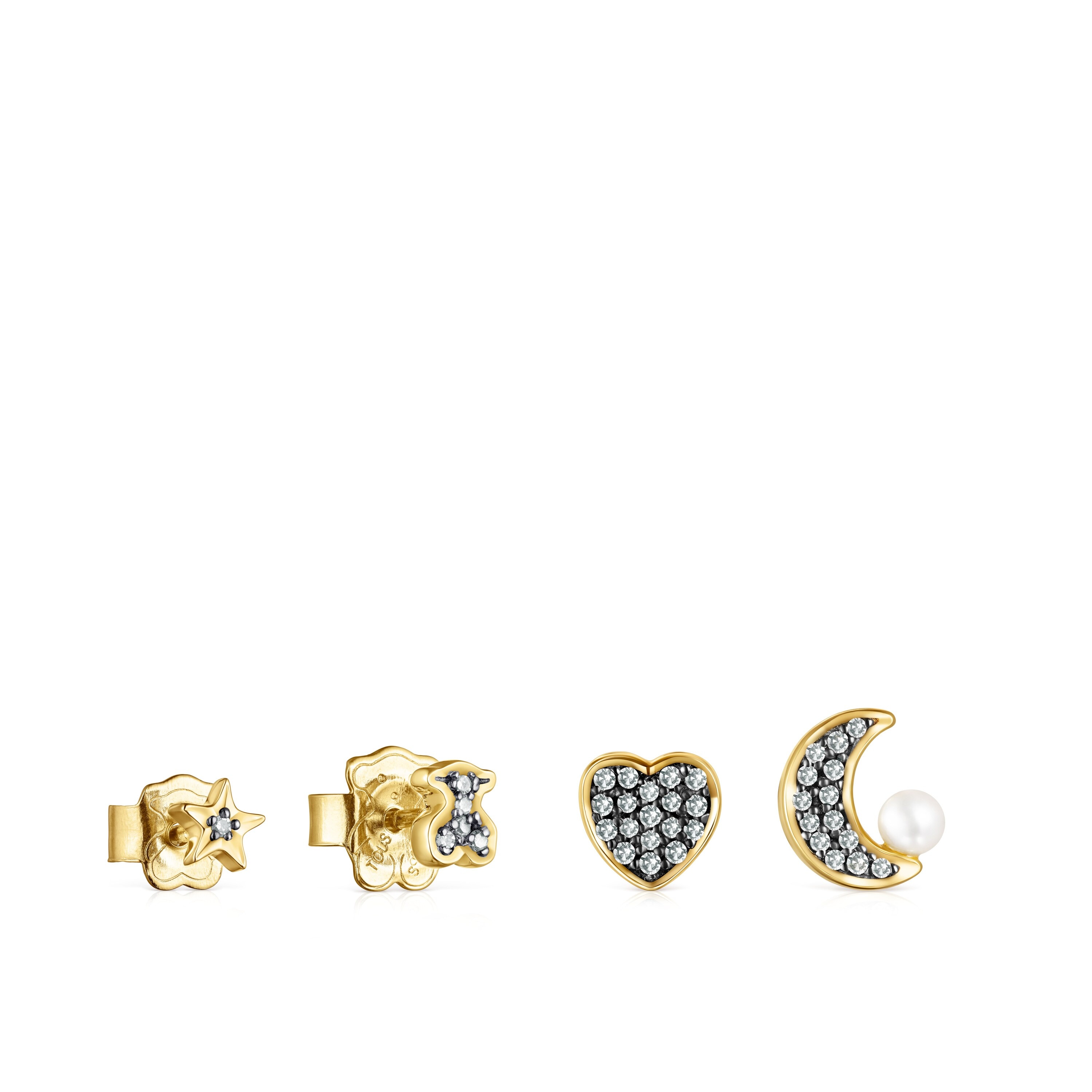 Pack de Pendientes con baño de oro 18 kt sobre plata, diamantes y perla Nocturne