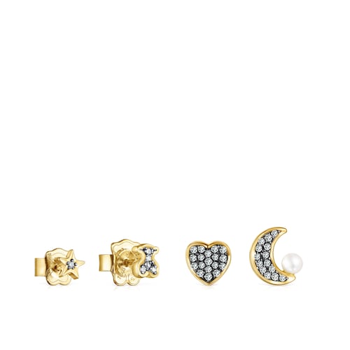 Pack of Nocturne Earrings in Silver Vermeil with Diamonds and Pearl