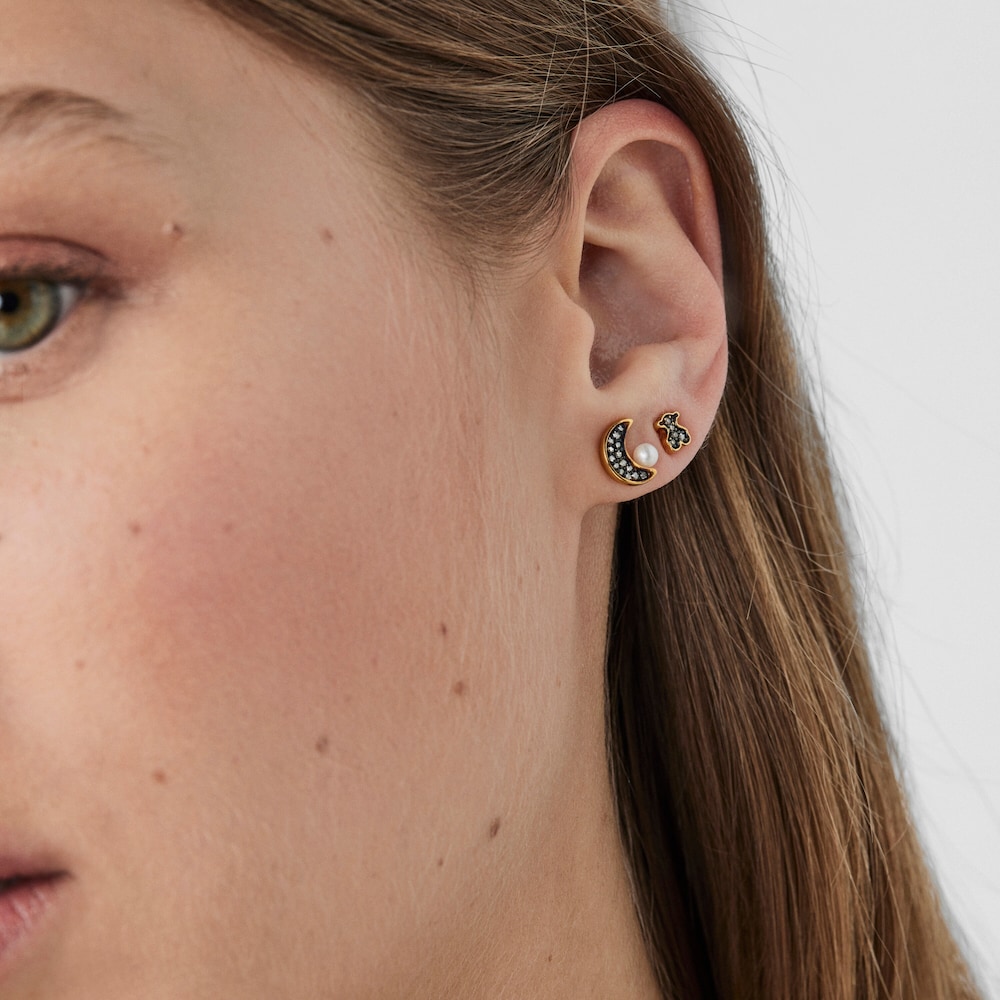 Pack de Pendientes con ba&ntilde;o de oro 18 kt sobre plata, diamantes y perla Nocturne